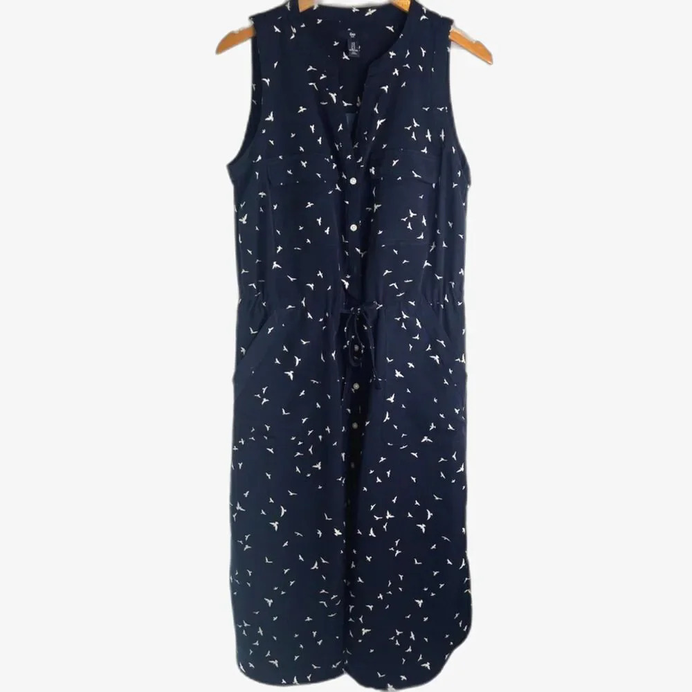 GAP Navy Blue Sleeveless Drawstring Waist Button Front Bird Motif Dress Sz Small
